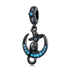 Black Plated Gold over Sterling Silver Black Cat on Turquoise Moon Dangl…